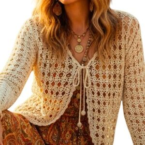 Premiere Collection Cream Boho Long Sleeve Crochet Cottagecore Cardigan Medium